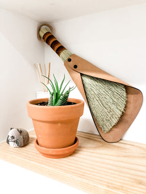 leafted- broom broom - handcrafted broom and leather pan , handmade in WA - USA - elevate your camp , van camping, vanlife , van accessories 