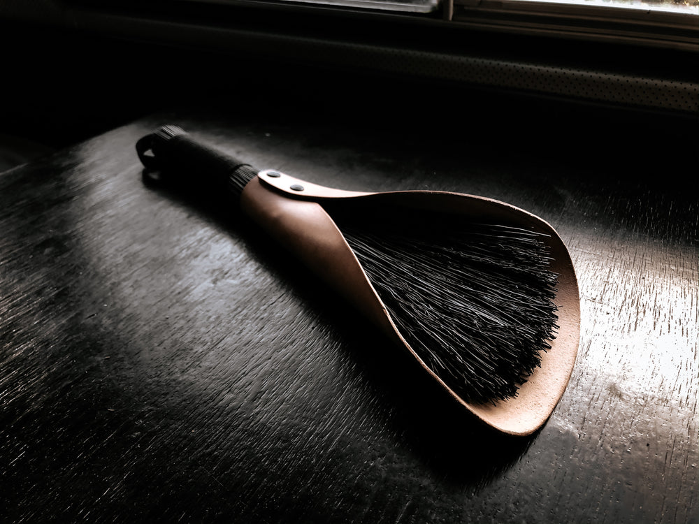 leafted- broom broom - handcrafted broom and leather pan , handmade in WA - USA - elevate your camp , van camping, vanlife , van accessories 
